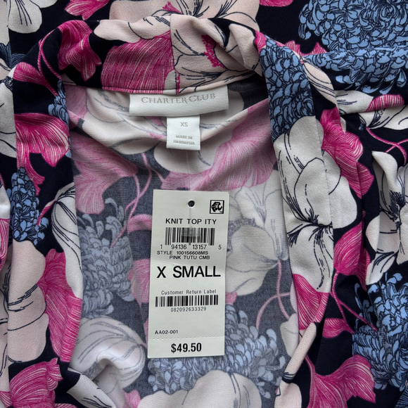 Charter Club Women's XS Pink & Blue Floral Pleated-Neck 3/4-Sleeve Top NWT - Picture 4 of 4